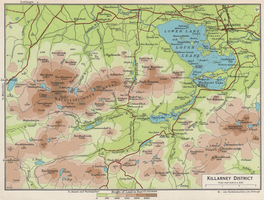 KILLARNEY DISTRICT. Lakes MacGillycuddy's Reeks. Lough Leane 1962 old map