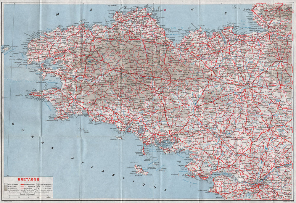 BRETAGNE BRITTANY vintage map. Roads railways. France 1962 old vintage
