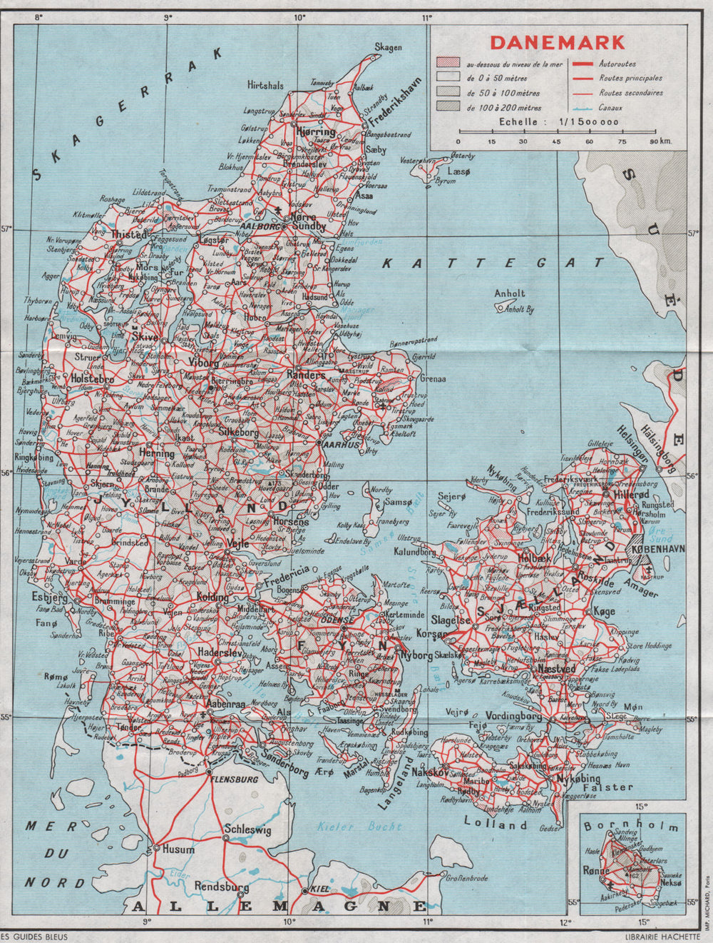 Denmark Danmark Danemark. Roads canals 1969 old vintage map plan chart