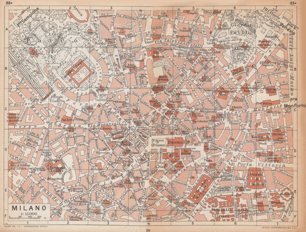 MILAN MILANO vintage town city centre map plan pianta della città 1958 old