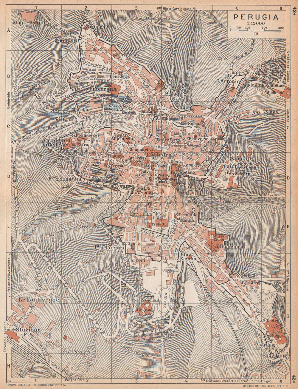PERUGIA vintage town city map plan pianta della città. Italy 1958 old