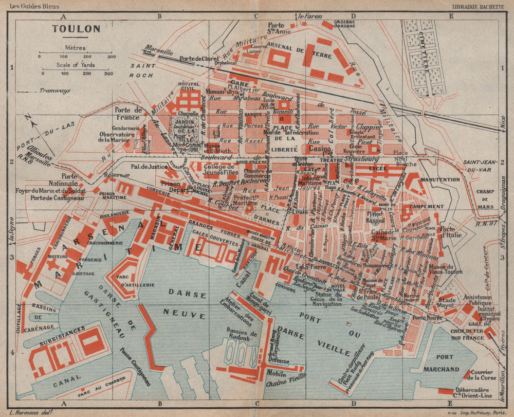 TOULON vintage town city plan de la ville. Var 1930 old vintage map chart