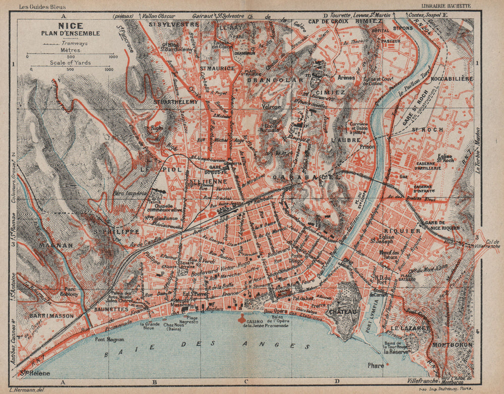 NICE vintage town city plan d'ensemble de la ville. Alpes-Maritimes 1930 map