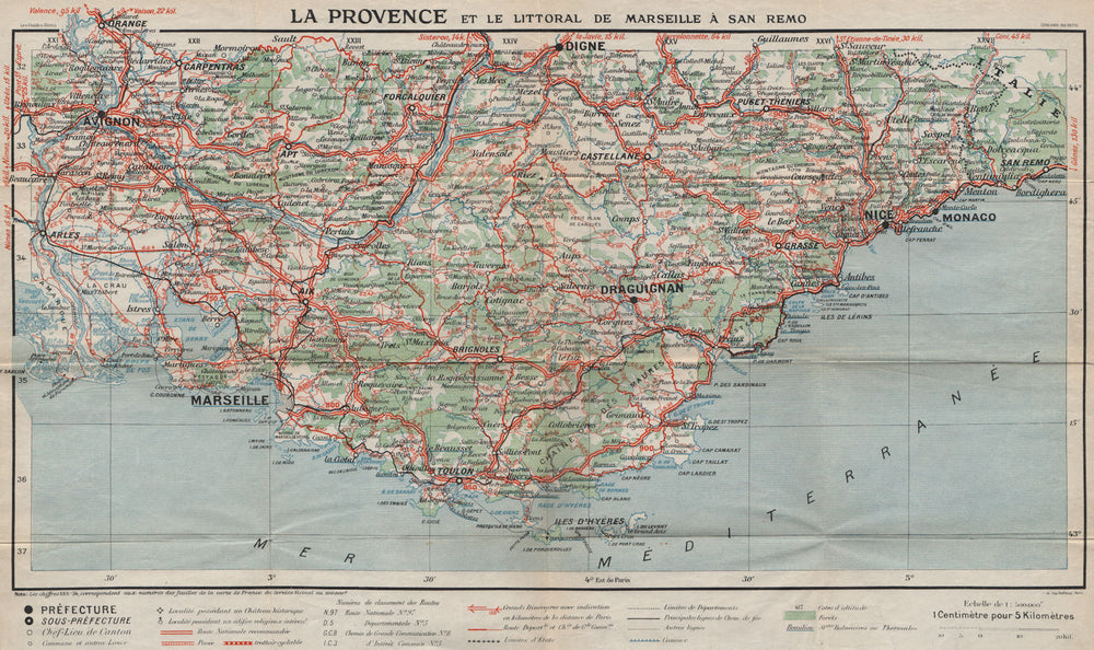 PROVENCE & le littoral de Marseille à Sanremo. Côte d'Azur 1930 old map