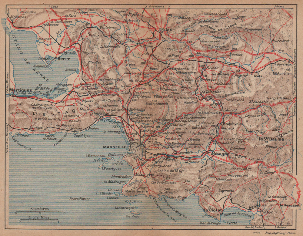 Environs of MARSEILLE. Provence Aix. Bouches-du-Rhône 1925 old vintage map
