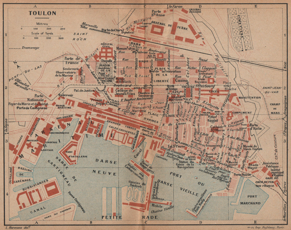 TOULON vintage town city plan de la ville. Var 1925 old vintage map chart
