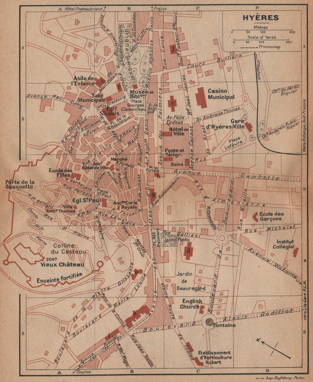 HYÈRES vintage town city plan de la ville. Var 1925 old vintage map chart
