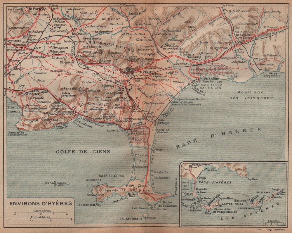 HYÈRES environs. Porquerolles. Presque'ile de Giens. Var 1925 old vintage map