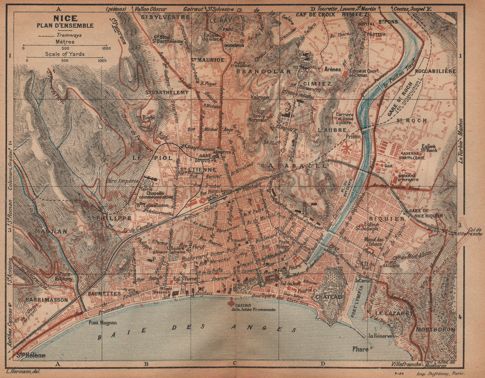 NICE vintage town city plan d'ensemble de la ville. Alpes-Maritimes 1925 map