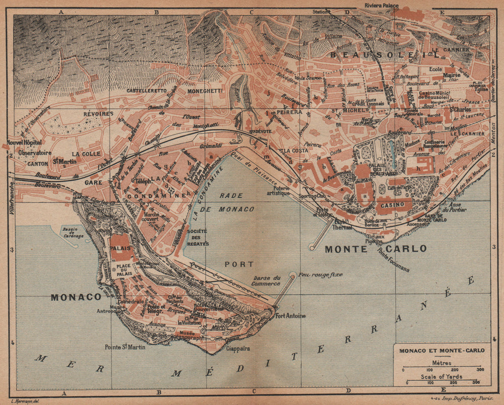 MONACO ET MONTE-CARLO vintage town city plan de la ville 1925 old vintage map
