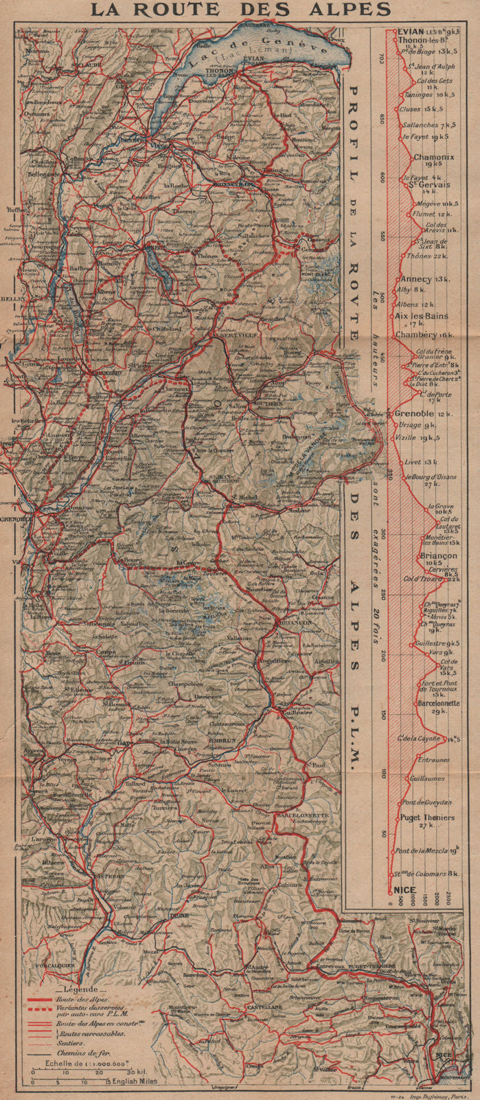 LA ROUTE DES ALPES. French Alps profile. Évian-les-Bains to Nice 1925 old map