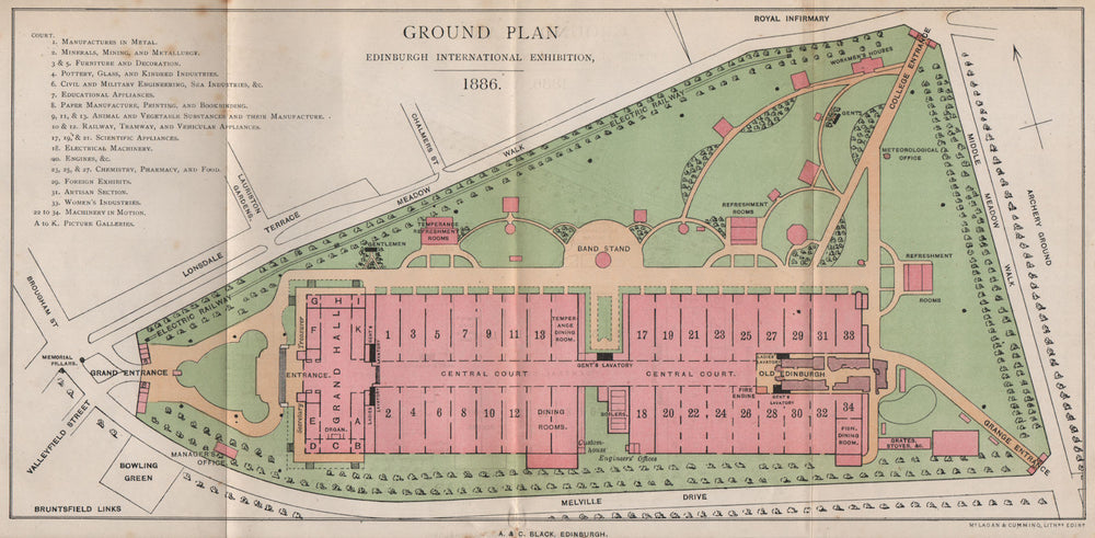 Edinburgh International Exhibition 1886 ground plan. World's Fair 1886 old map