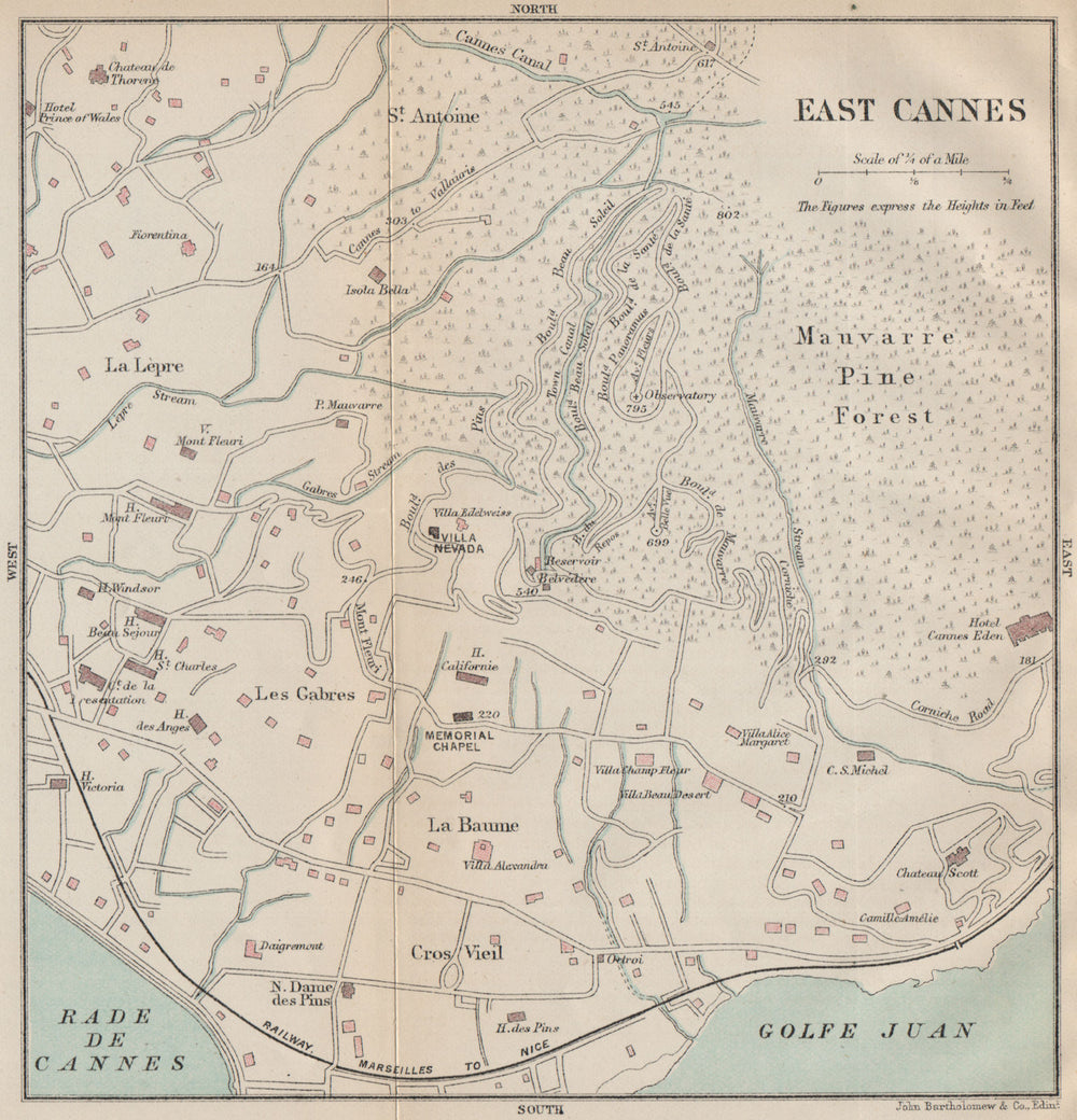 EAST CANNES antique town city plan de la ville. Alpes-Maritimes  1890 old map