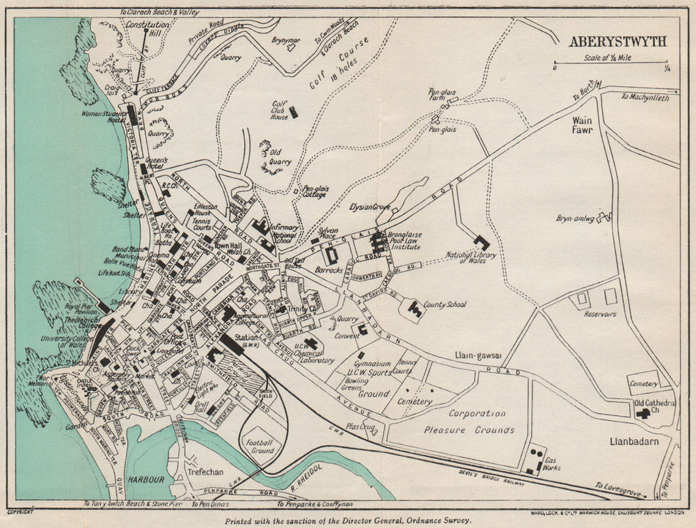 ABERYSTWYTH vintage town/city plan. Wales. WARD LOCK 1948 old vintage map