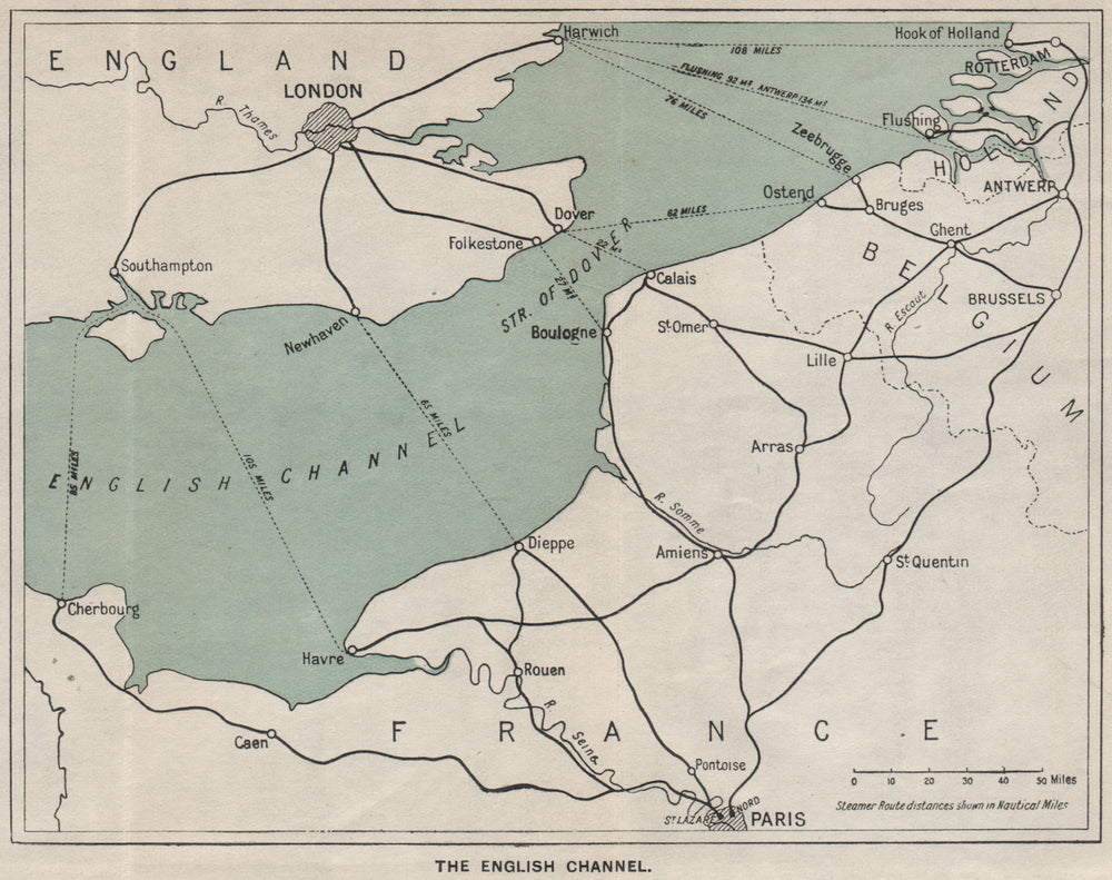 THE ENGLISH CHANNEL. Ferry routes. Ports. WARD LOCK 1926 old vintage map chart
