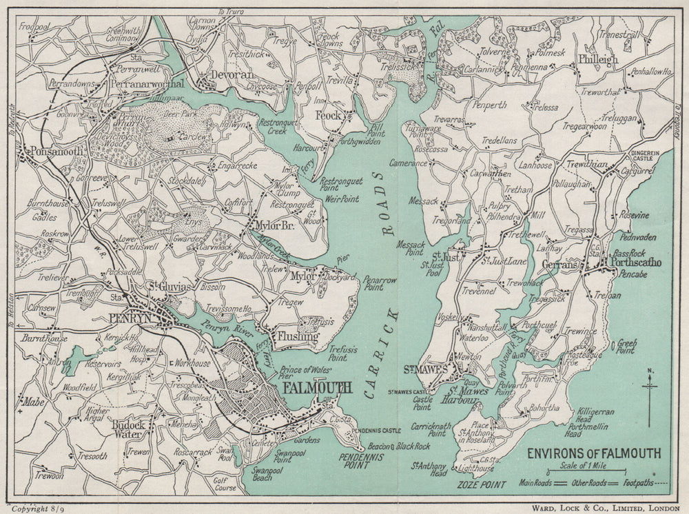 FALMOUTH environs. Carrick Roads Penryn St Mawes Cornwall. WARD LOCK 1948 map