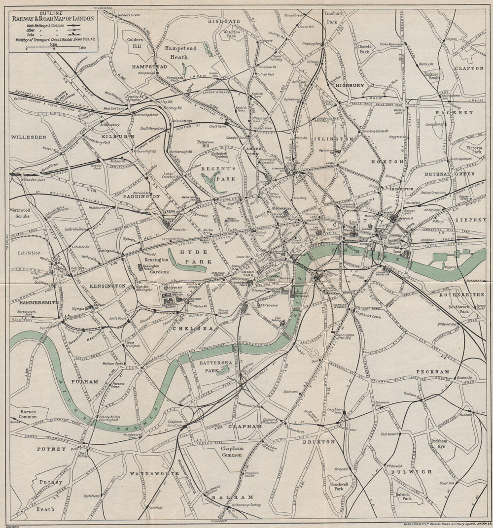CENTRAL LONDON RAILWAY & ROAD MAP. Underground tube. WARD LOCK 1930 old