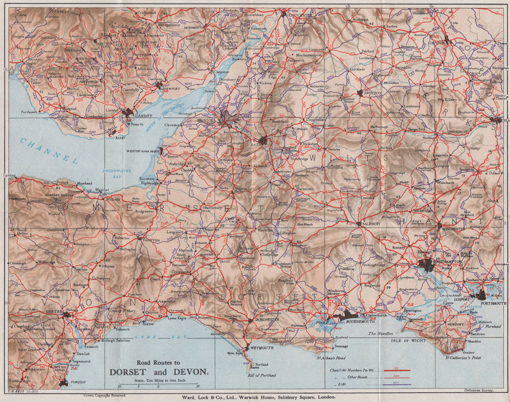 ROAD ROUTES TO DORSET & DEVON. Pre-motorways. South West England 1938 old map