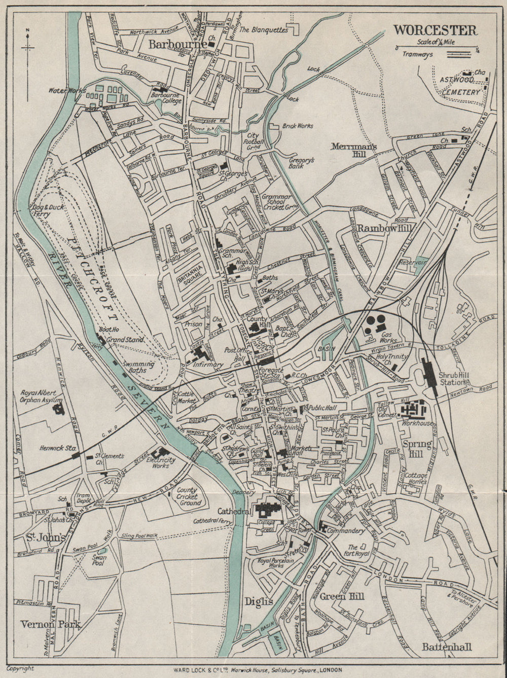 WORCESTER vintage town/city plan. Worcestershire. WARD LOCK 1928 old map