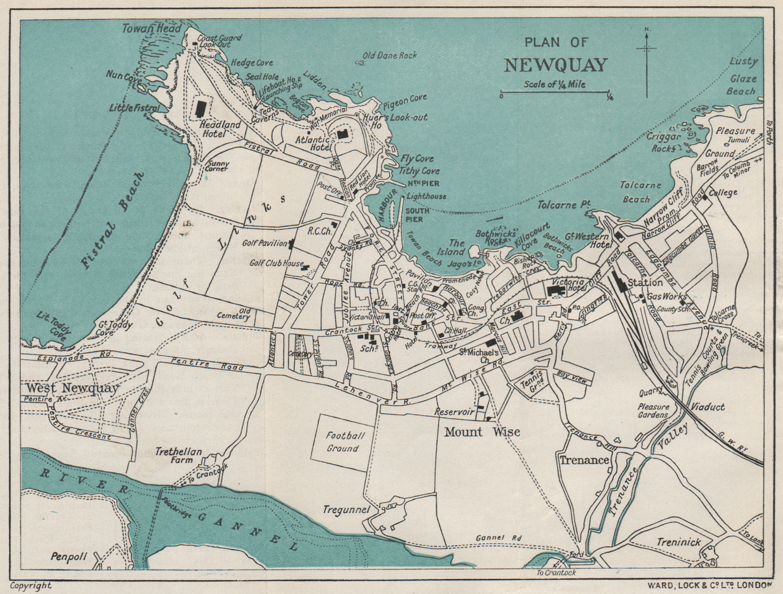 NEWQUAY Vintage Town city Plan Cornwall WARD LOCK 1924 Old Antique newquay-vintage-town-city-plan-cornwall-ward-lock-1924-old-antique