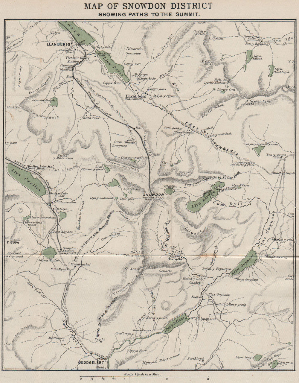 SNOWDON SHOWING PATHS TO SUMMIT. Llanberis. WARD LOCK 1901 old antique map