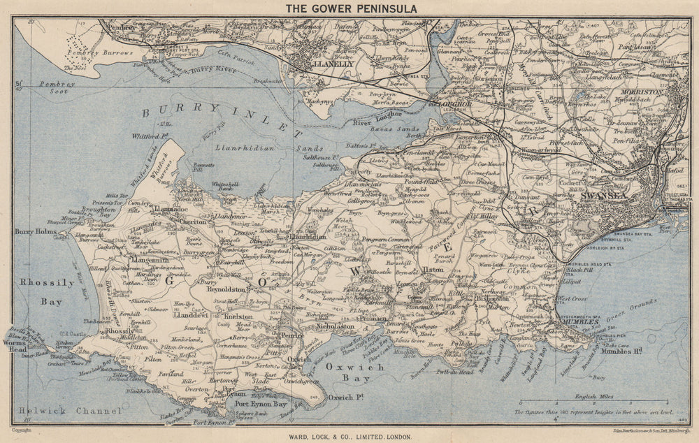 GOWER PENINSULA. Llanelli Swansea Mumbles. Wales. WARD LOCK 1950 old map