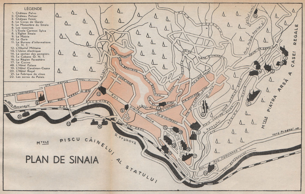 SINAIA vintage town city plan. Romania. Peles castle 1938 old vintage map