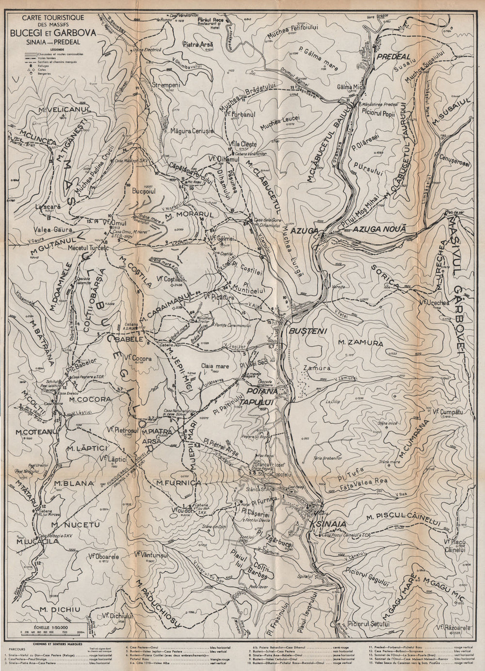 BUCEGI & GARBOVA MASSIFS mountains vintage map. Sinaia-Predeal. Romania 1938
