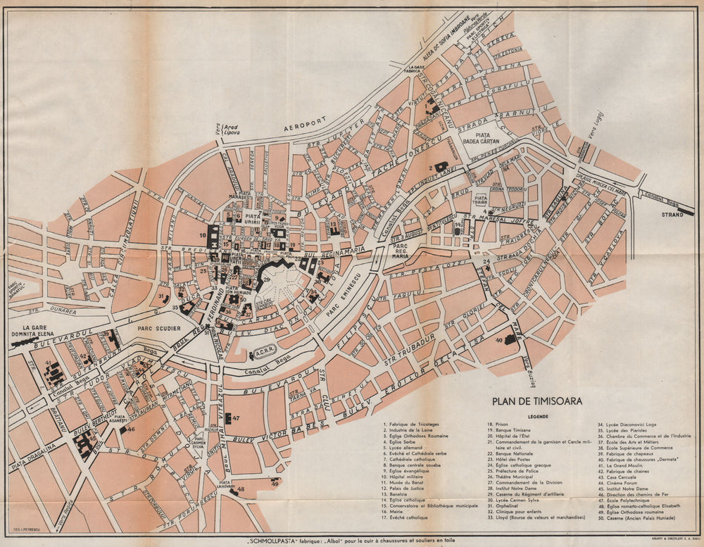 TIMISOARA vintage town/city plan. Timișoara Temesvar. Romania 1938 old map