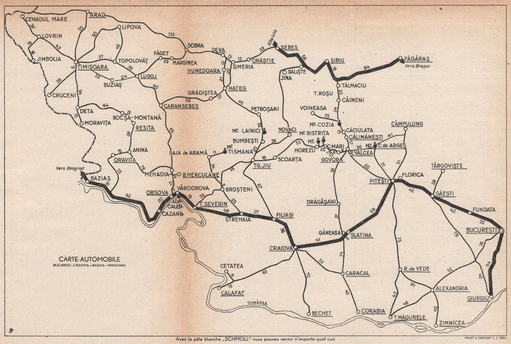 ROMANIA vintage road map. Bucharest-Craiova-Bazias-Timisoara. Fagaras 1938
