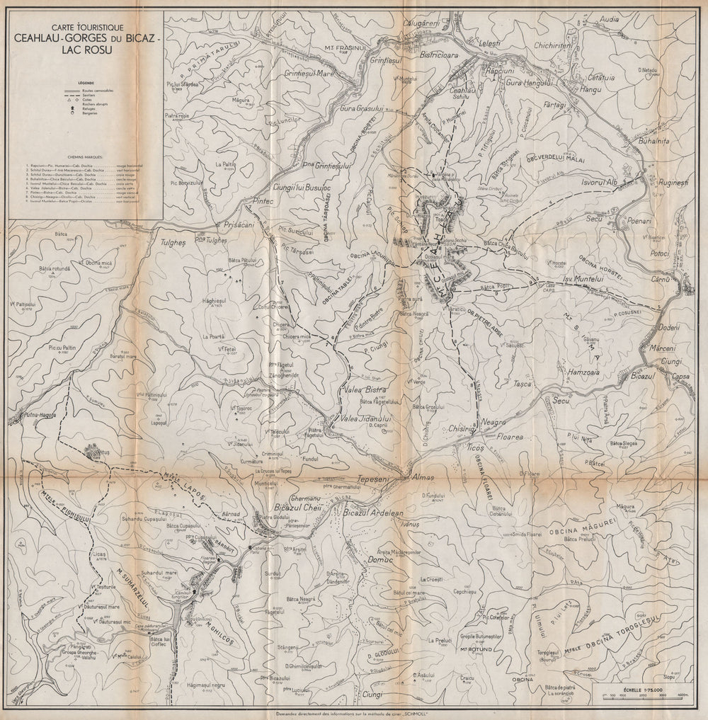 CEAHLAU MASSIF BICAZ GORGE Lacul Roșu vintage tourist map. Romania 1938