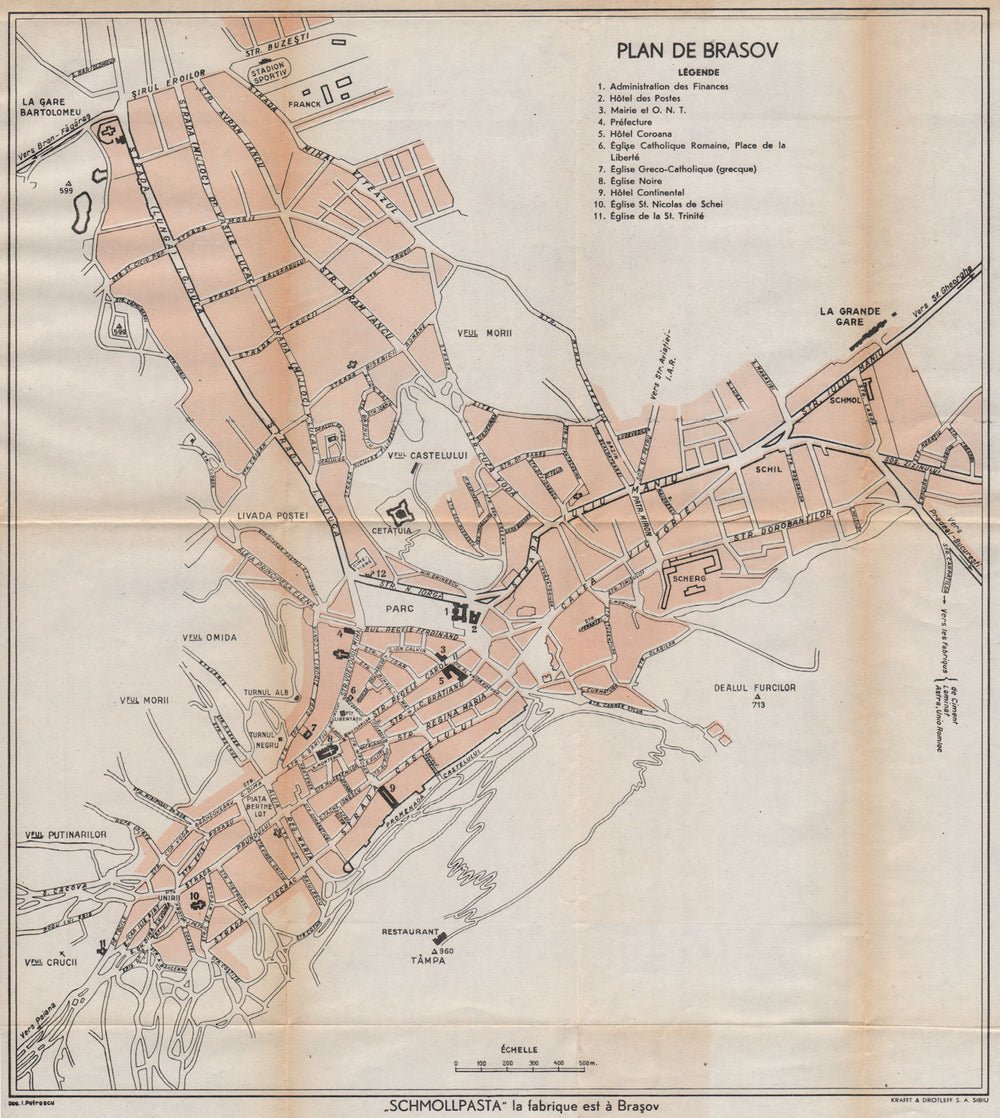 BRASOV vintage town/city plan. Brașov Kronstadt Brasso. Romania 1938 old map
