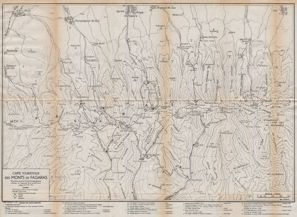 FAGARAS MOUNTAINS vintage tourist map. Munții Făgărașului. Romania 1938