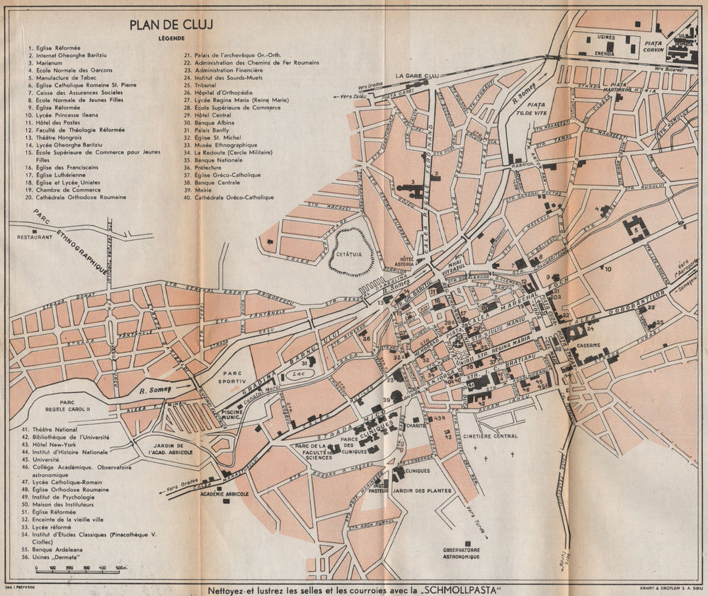 CLUJ-NAPOCA vintage town/city plan. Klausenburg Kolozsvar. Romania 1938 map