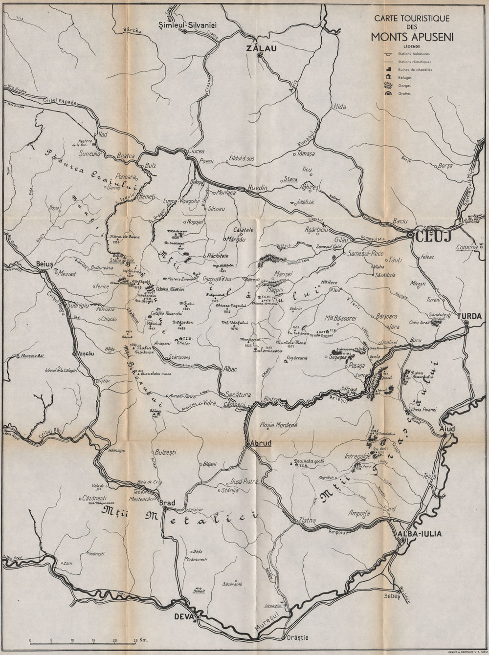 Munții APUSENI MOUNTAINS vintage tourist map. Carpathians. Romania 1938