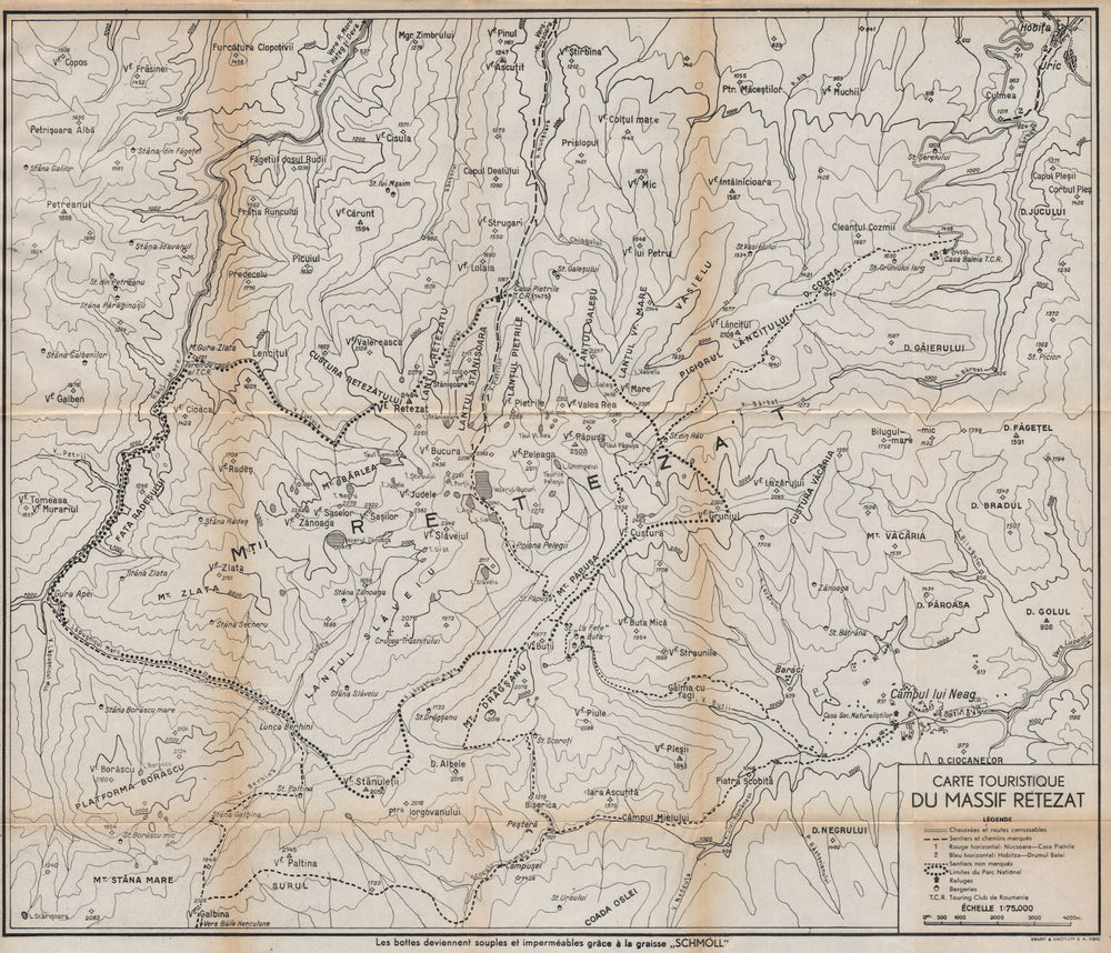 RETEZAT MASSIF/MOUNTAINS vintage tourist map. Romania 1938 old vintage