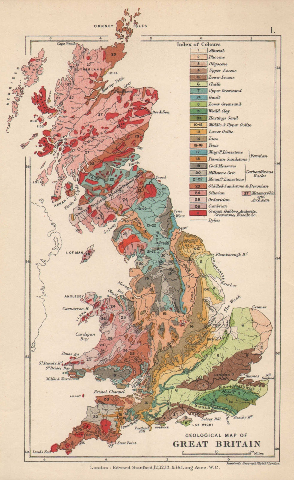 UK Geological map of Great Britain 1913 old antique vintage plan chart