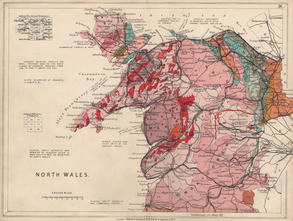 NORTH WALES Geological map. STANFORD 1913 old antique vintage plan chart