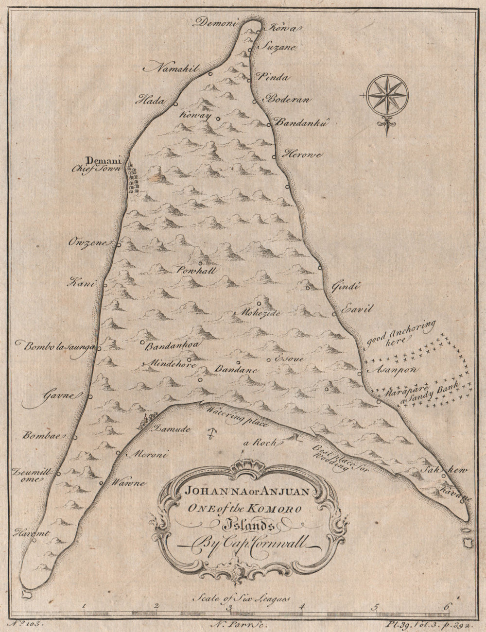 ANJOUAN ISLAND, COMOROS. 'Johanna or Anjuan, one of the Komoro Islands' 1746 map