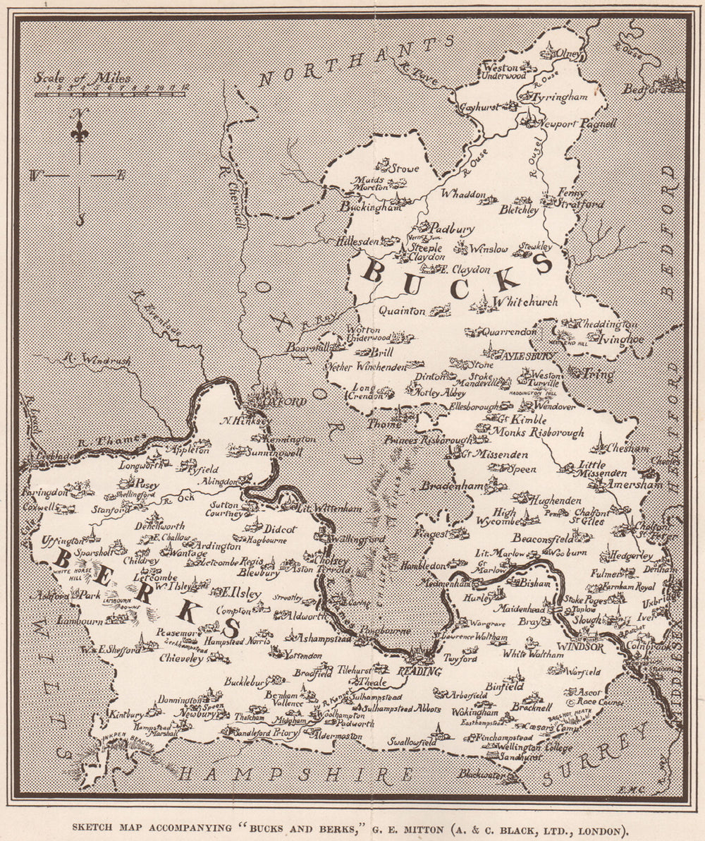Sketch map of Berkshire & Buckinghamshire, by G.E. Mitton 1929 old vintage