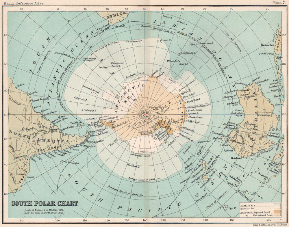 South Polar Chart. Unexplored. Antarctic. BARTHOLOMEW 1904 old antique map
