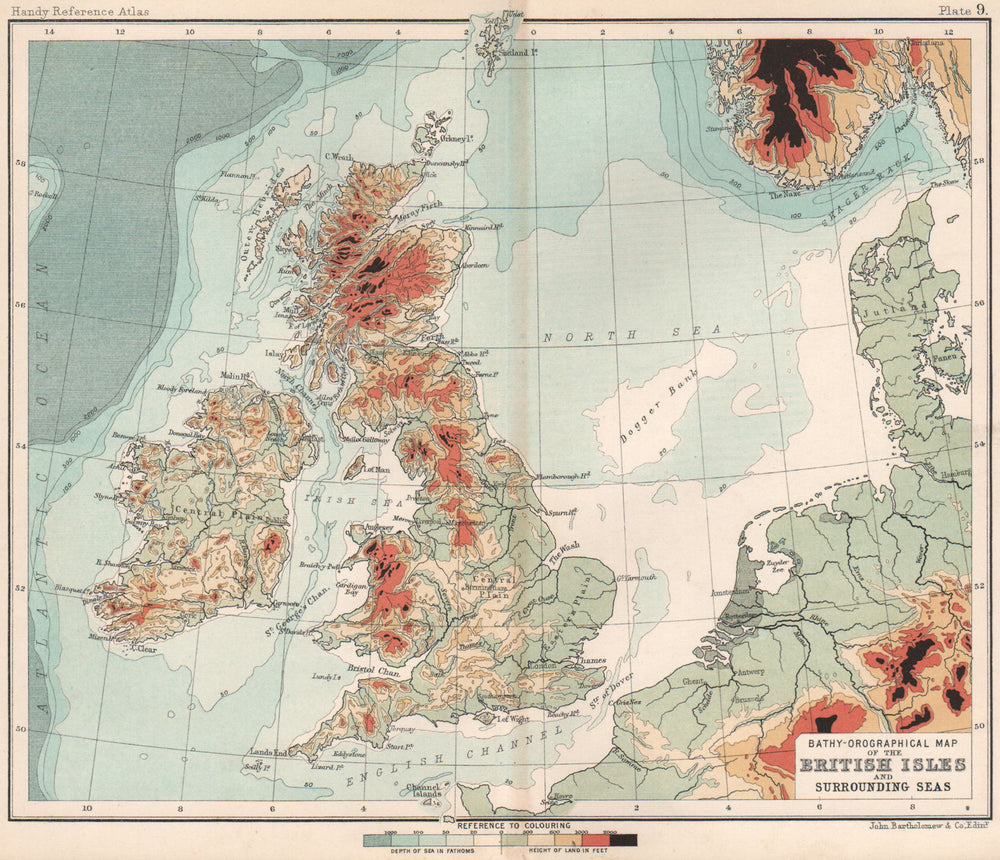 Bathy-Orographical Map of The British Isles and Surrounding Seas 1904 old