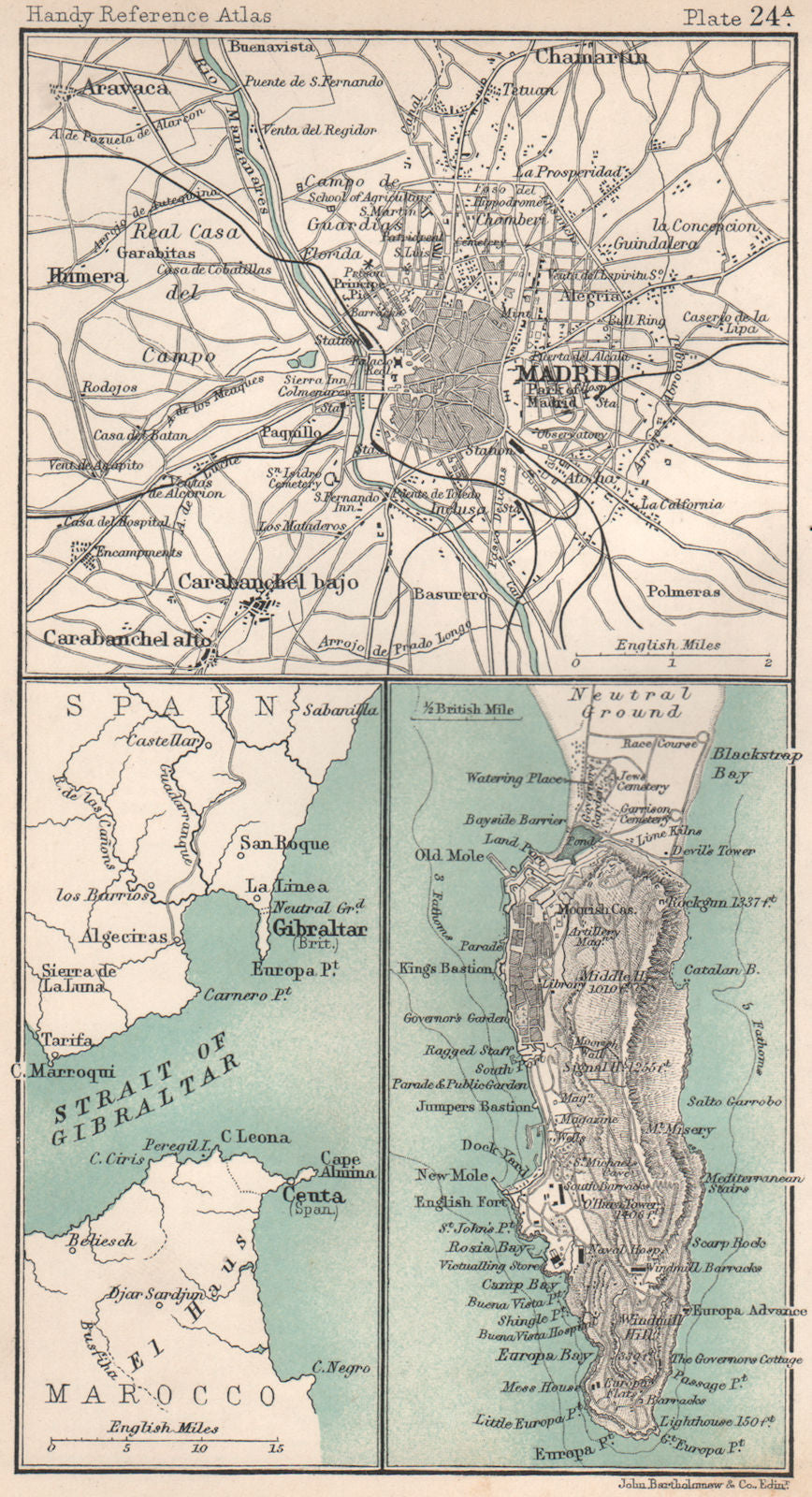 Environs of Madrid & Gibraltar. Spain. BARTHOLOMEW 1904 old antique map chart