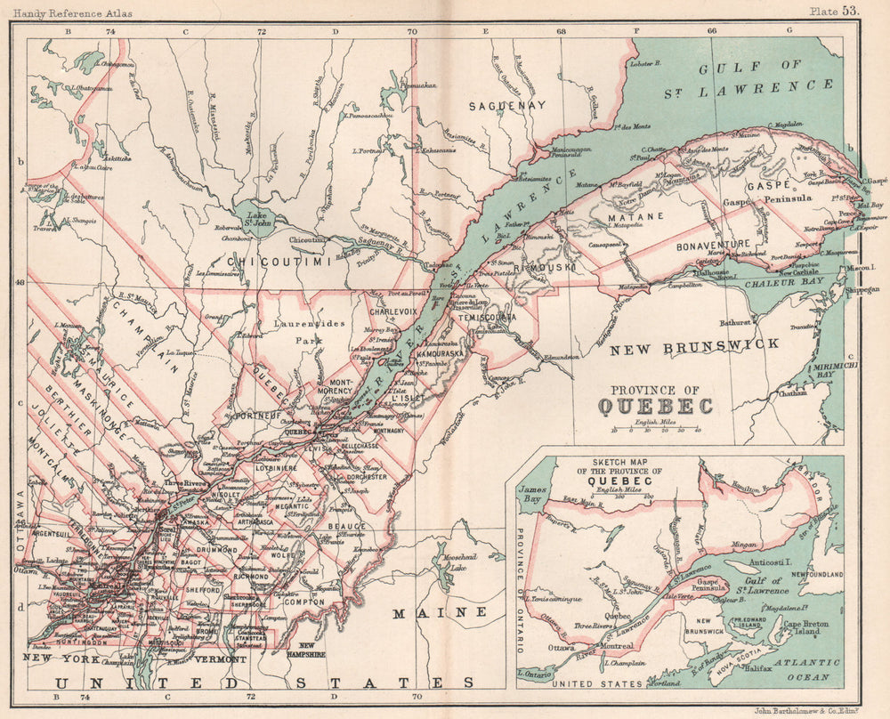 Province of Quebec. Canada. BARTHOLOMEW 1904 old antique map plan chart