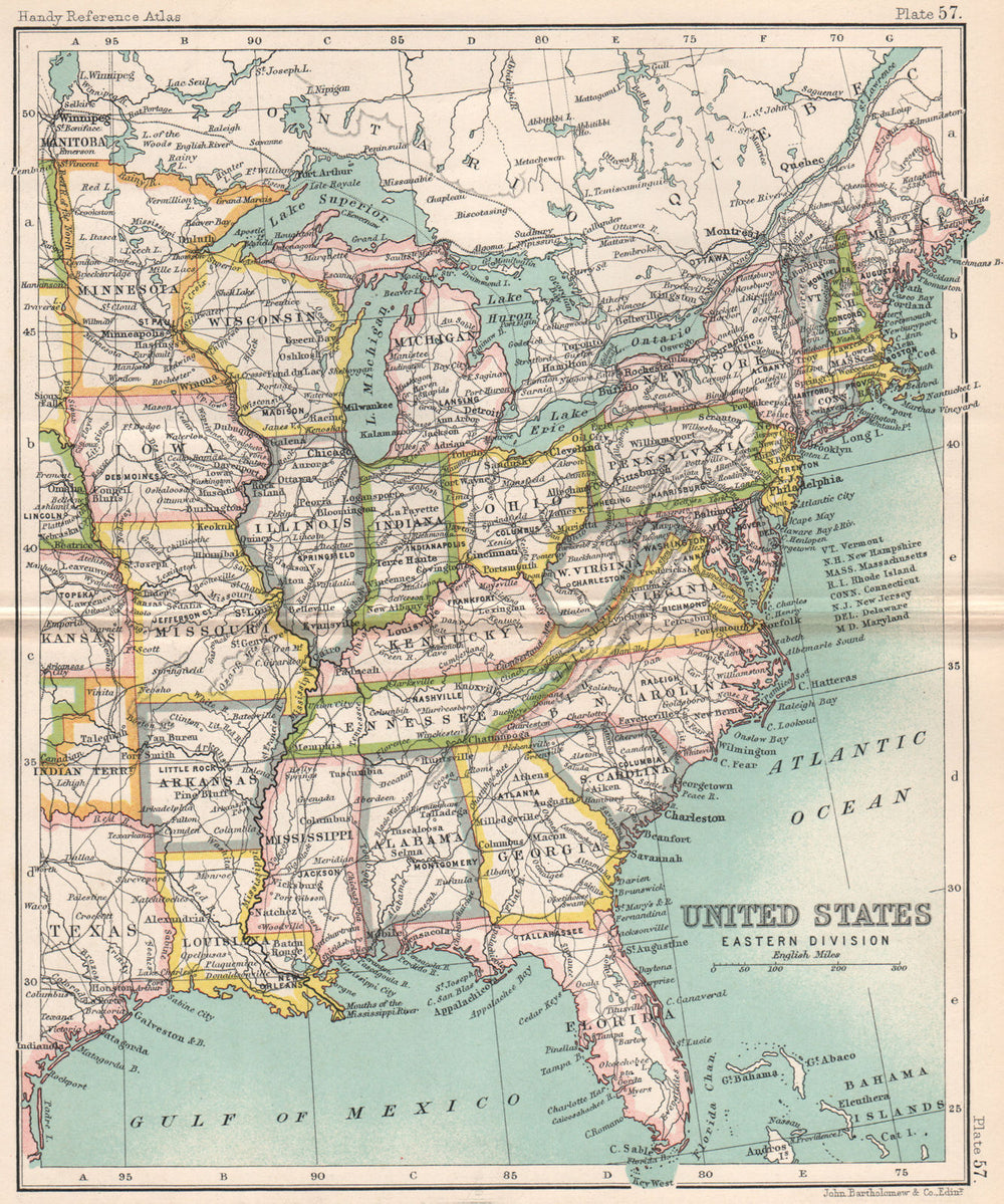 United States Eastern Division. USA. BARTHOLOMEW 1904 old antique map chart