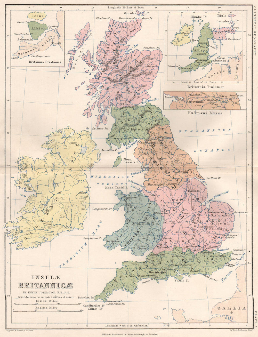 'Insulae Britannicae'. Ancient Britain. Britannia & Hibernia. JOHNSTON 1855 map