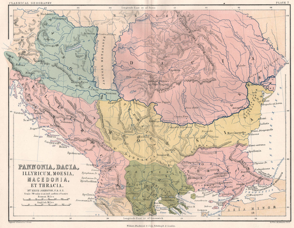 Pannonia, Dacia, Illyricum, Moesia, Macedonia Thracia. Ancient Balkans 1855 map