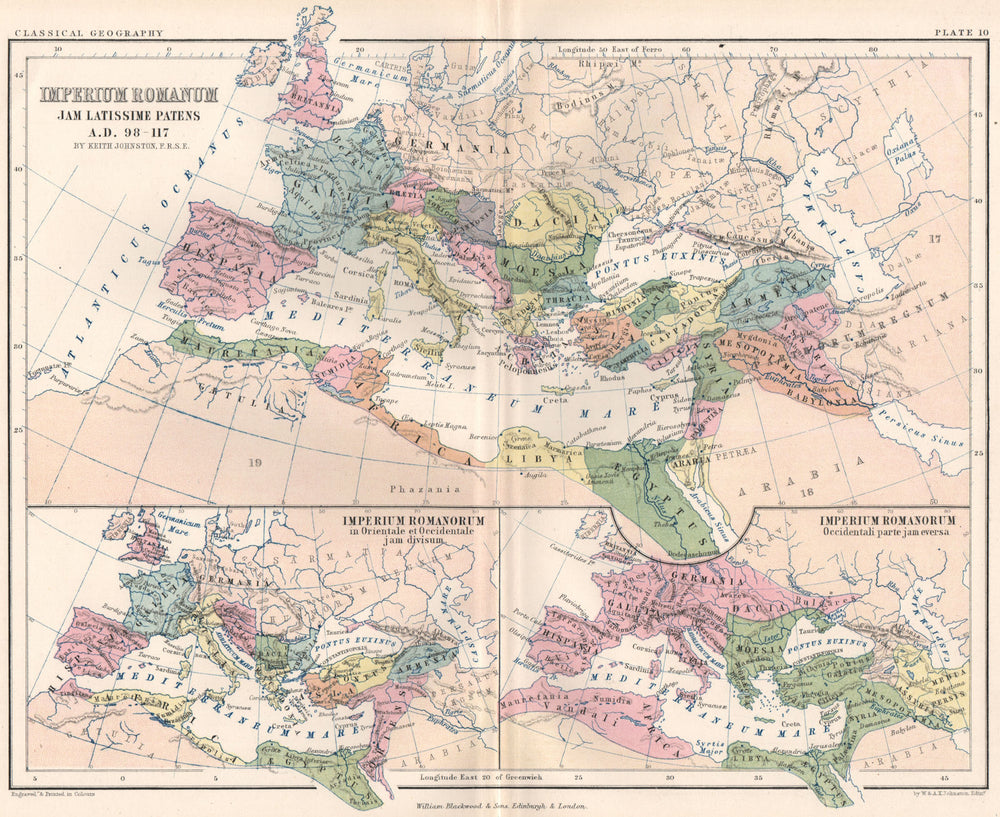 'Imperium Romanum'. Roman Empire at its greatest extent AD 98-117 1855 old map