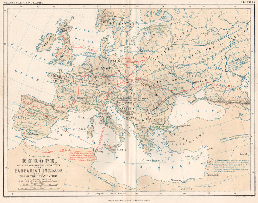 Barbarian invasion of Europe on the Fall of the Roman Empire. JOHNSTON 1855 map