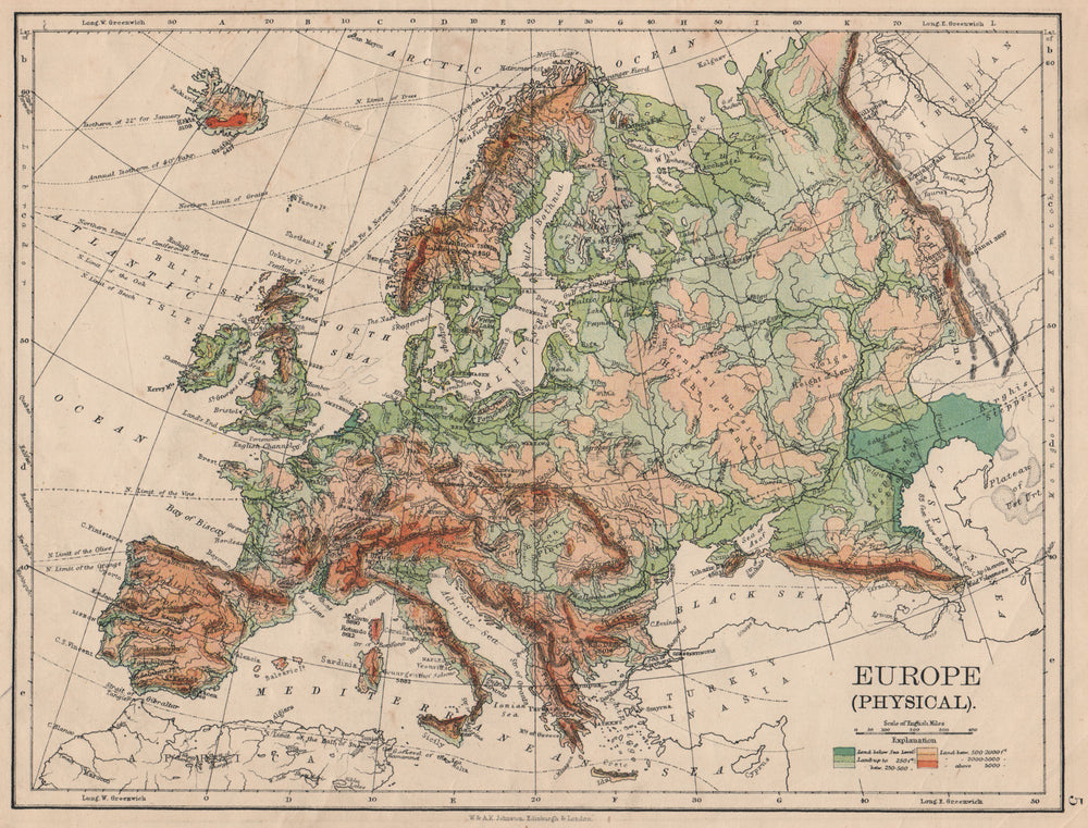 EUROPE PHYSICAL. Relief Ocean depths Key mountains Plains. JOHNSTON 1895 map